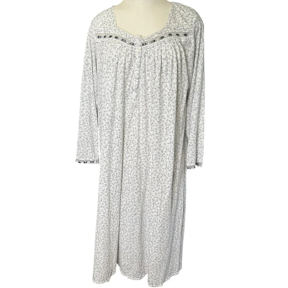 Eileen West Nightgown Women M  White Floral Lace‎ Trim Long Sleeve Cotton Modal